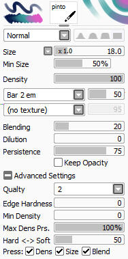paint tool sai brush settings for pinto: the brush shape is bar 2 em, at 50 percent. the brush has no texture, 20 blending, 0 dilution, 75 persistence, and no keep opacity. pressing affects density, size, and blending.