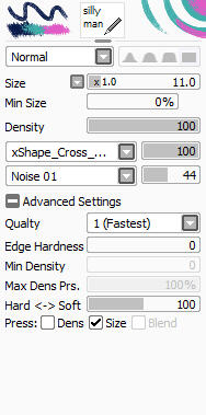 paint tool sai pencil settings for silly man: the brush shape is x Shape underscore Cross underscore dot dot dot, at 100 percent. the brush has a noise texture at 44 percent. pressing only affects size.